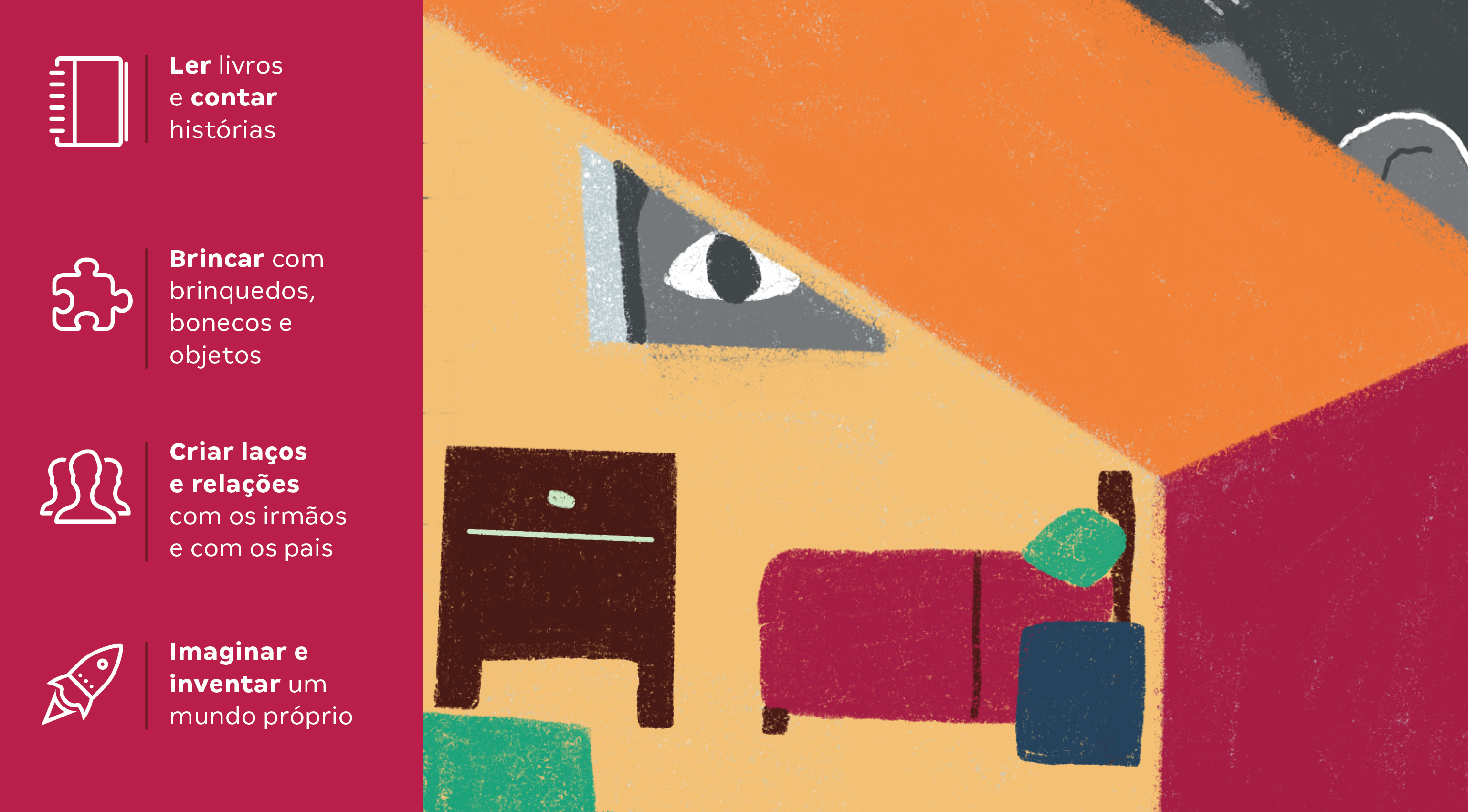 Quarto: Ler livros? e contar histórias Brincar com brinquedos, bonecos e objetos Criar laços? e relações? com os irmãos ?e com os pais Imaginar e inventar um mundo próprio