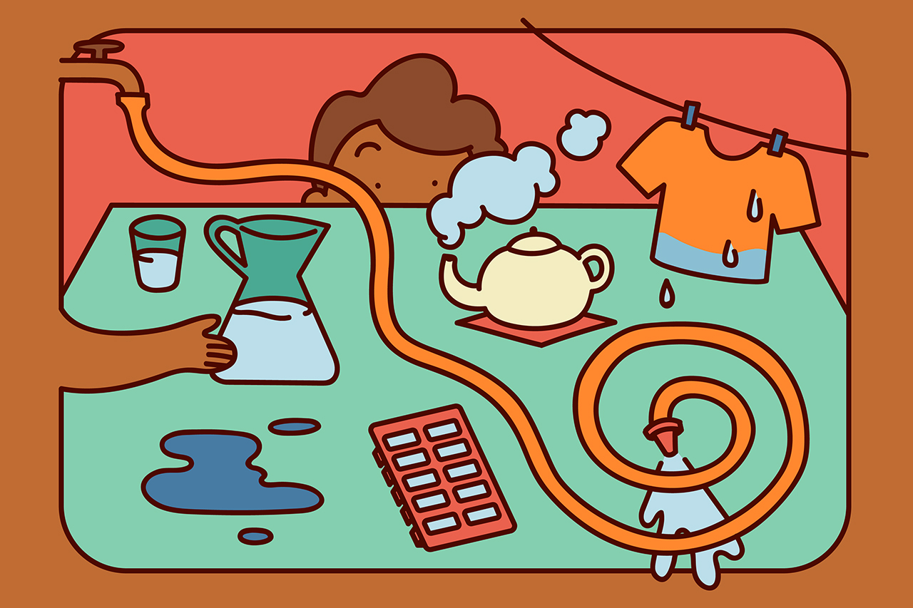 Ilustra&ccedil;&atilde;o de crian&ccedil;a brincando com &aacute;gua. Na cena tem mangueira, copo com &aacute;gua, e chaleira com vapor. 