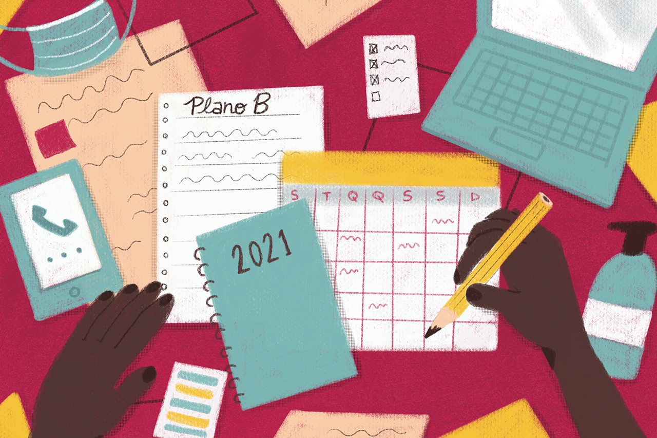 Ilustra&ccedil;&atilde;o de gestora escolar revisando o planejamento e anotando informa&ccedil;&otilde;es em calend&aacute;rio. Vista superior da mesa de trabalho.