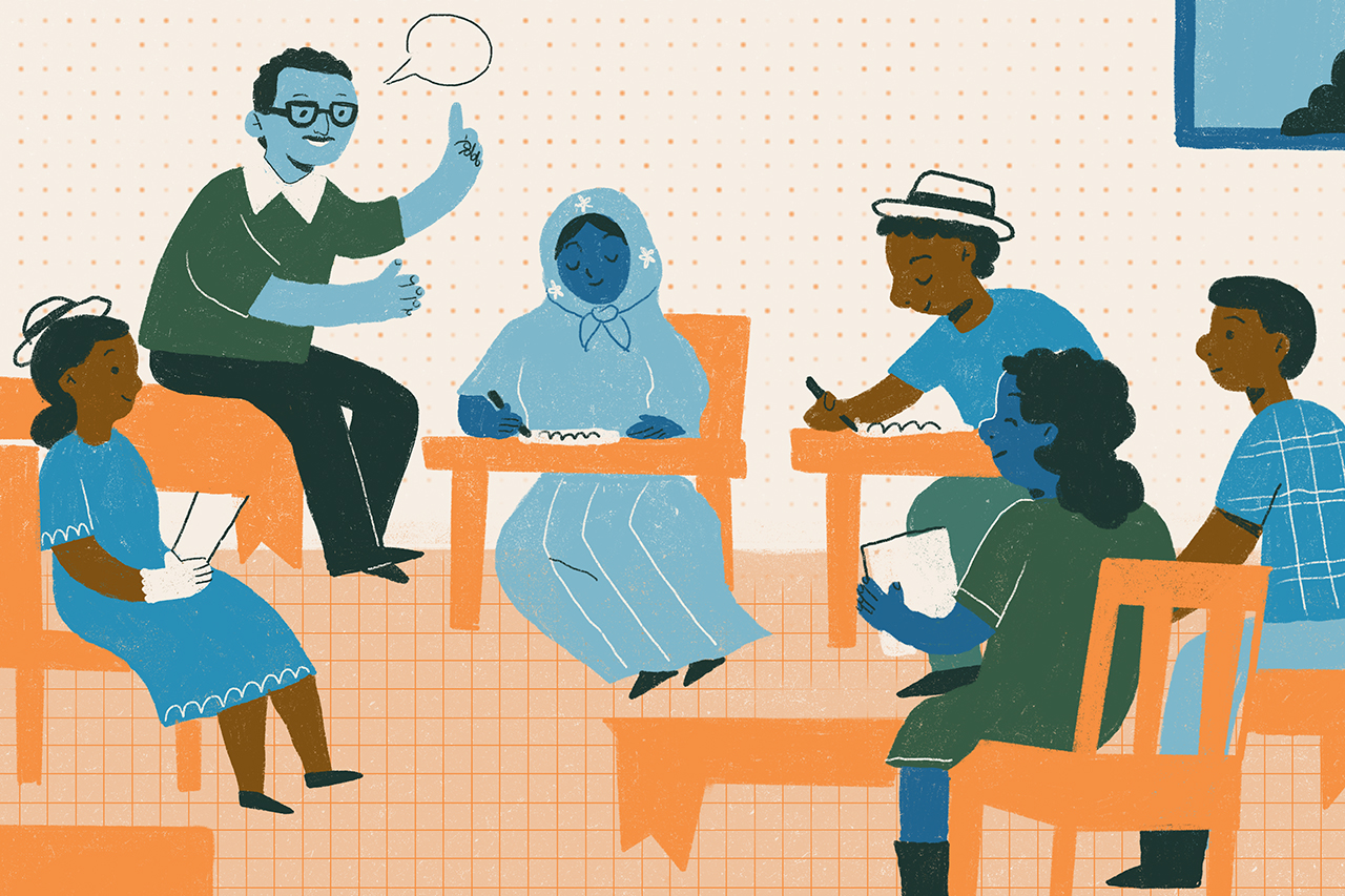 Ilustra&ccedil;&atilde;o de Paulo Freire em sala com alguns adultos.