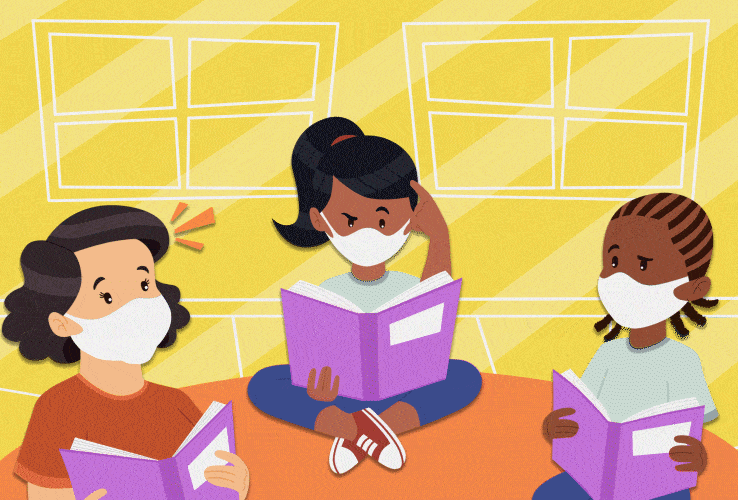 Anima&ccedil;&atilde;o de grupo de alunas fazendo atividade de leitura.