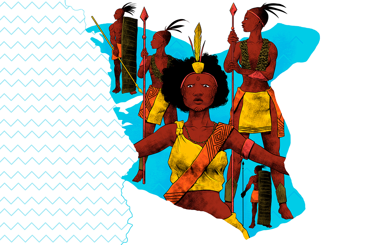 Ilustra&ccedil;&atilde;o de mapa geogr&aacute;fico com personagens importantes africanos identificados.