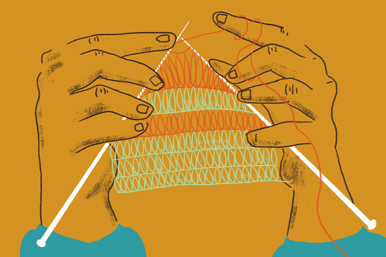 Ilustra&ccedil;&atilde;o em close de m&atilde;os tricotando