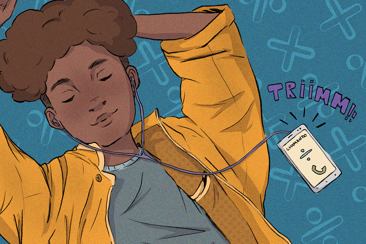 Ilustra&ccedil;&atilde;o de aluno deitado com fones de ouvido e ao lado celular tocando.