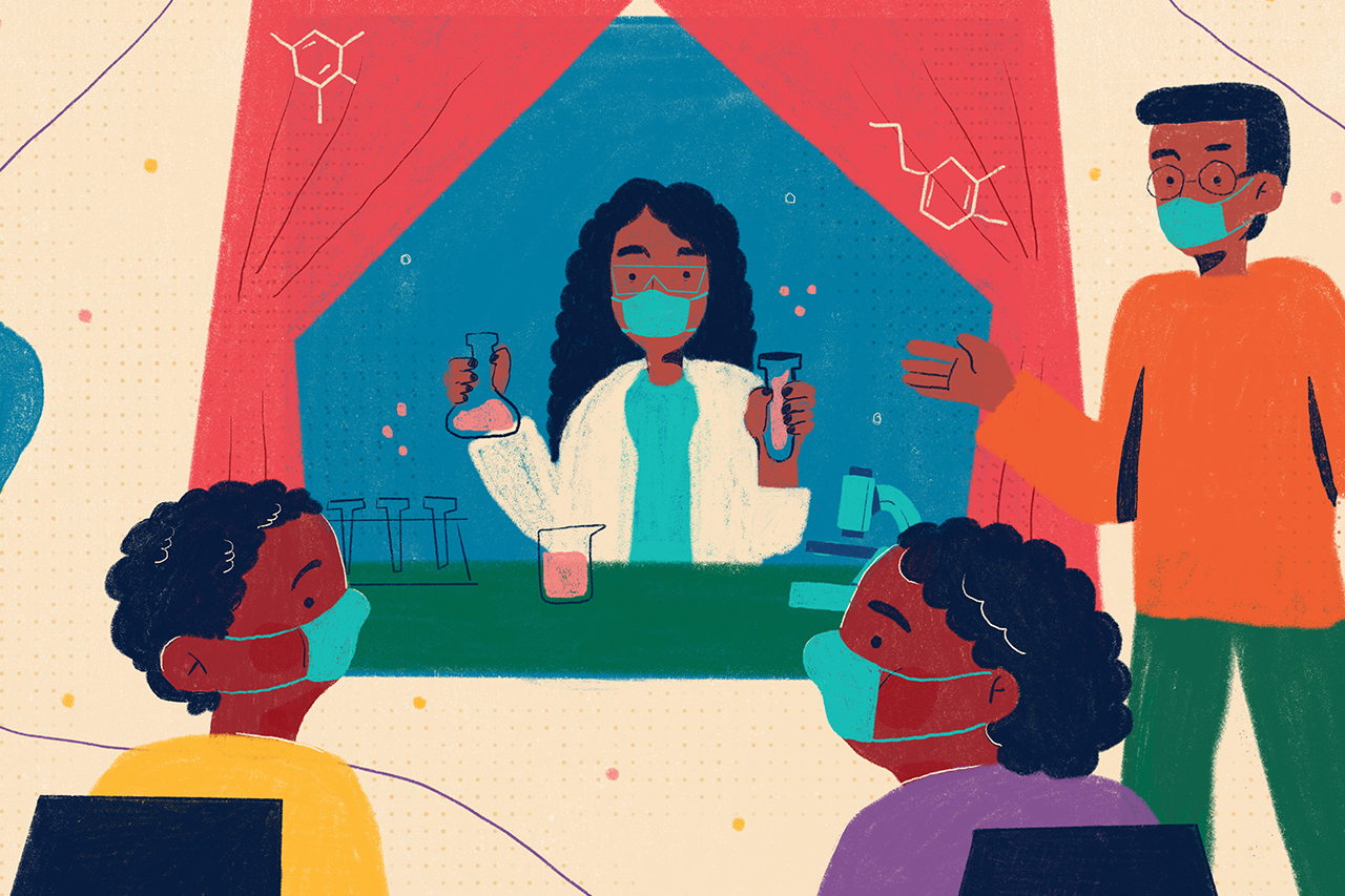 Apresenta&ccedil;&atilde;o de cientista em sala de aula para alunos e professor.