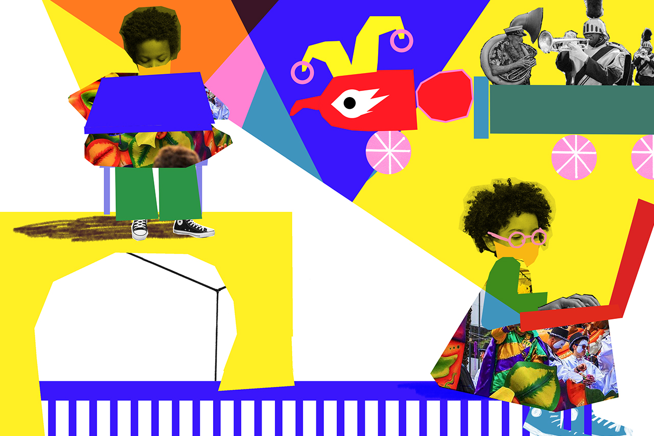 Colagem digital de alunos estudando sobre a hist&oacute;ria do carnaval.