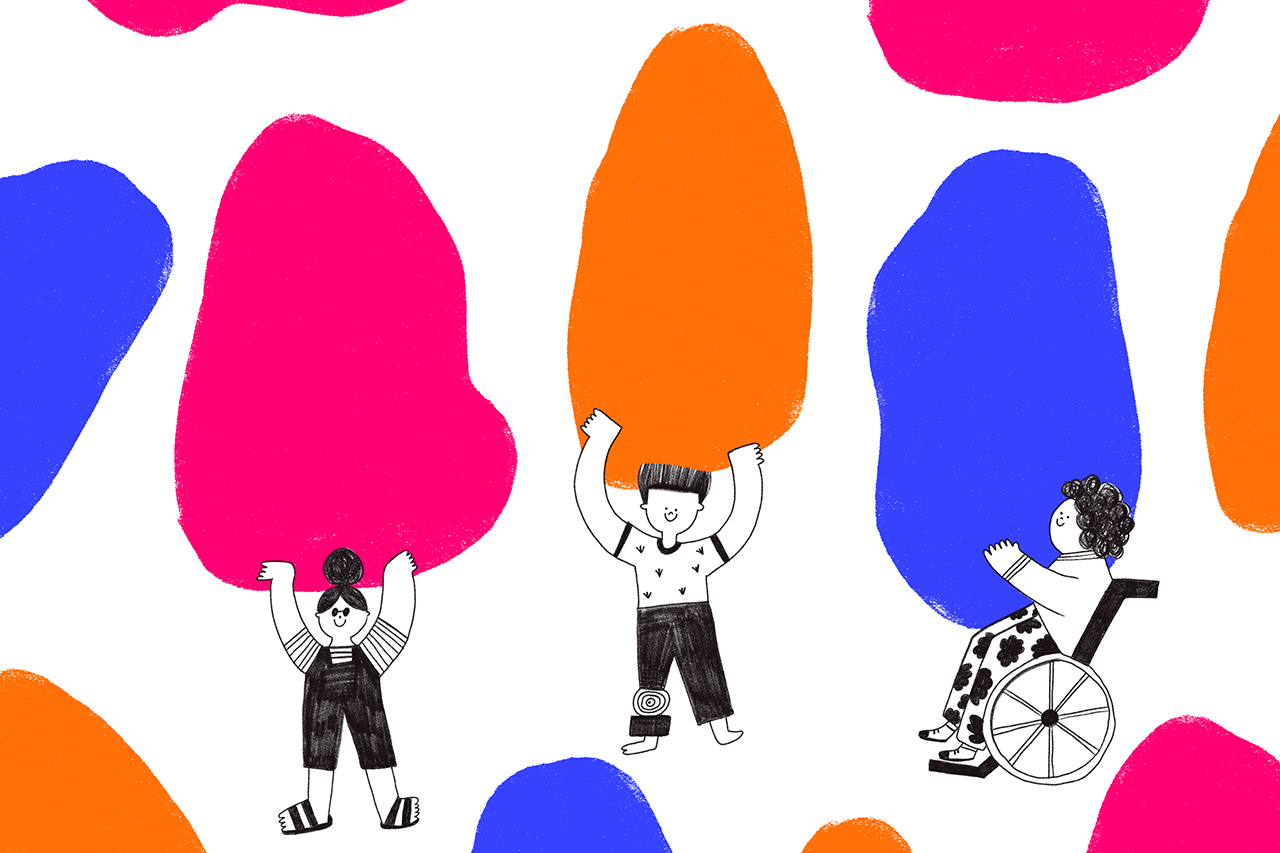 Ilustra&ccedil;&atilde;o abstrata de crian&ccedil;as segurando formas org&acirc;nicas coloridas.