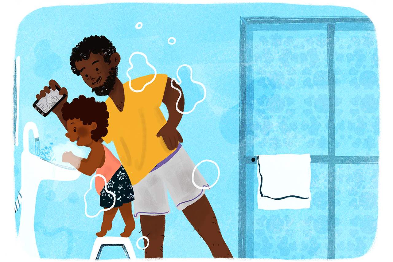 Ilustra&ccedil;&atilde;o de pai auxiliando filha no momento de higieniza&ccedil;&atilde;o das m&atilde;os em sua casa.