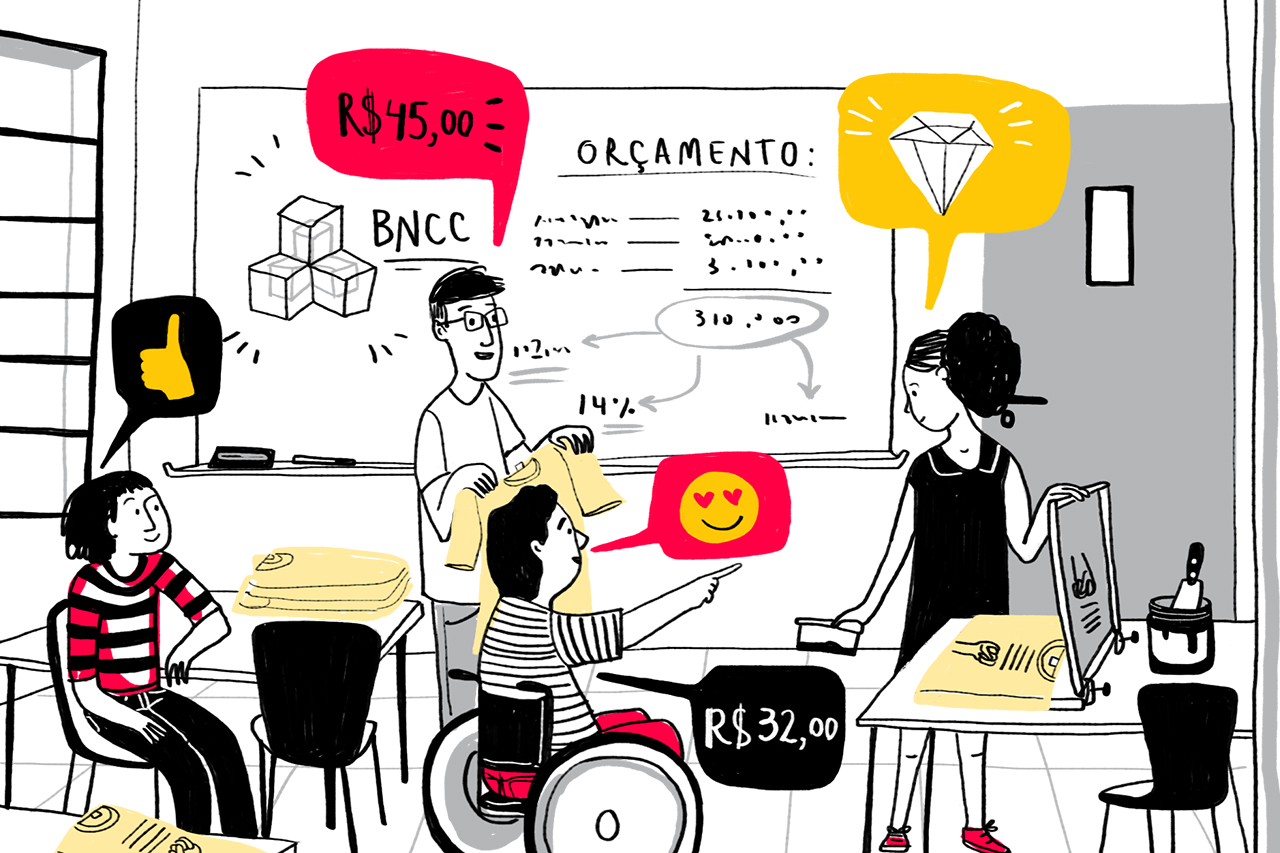 Ilustra&ccedil;&atilde;o de atividade que acontece em sala de aula relacionada a serigrafia de camisetas. Atividade produzida para aulas de educa&ccedil;&atilde;o financeira.