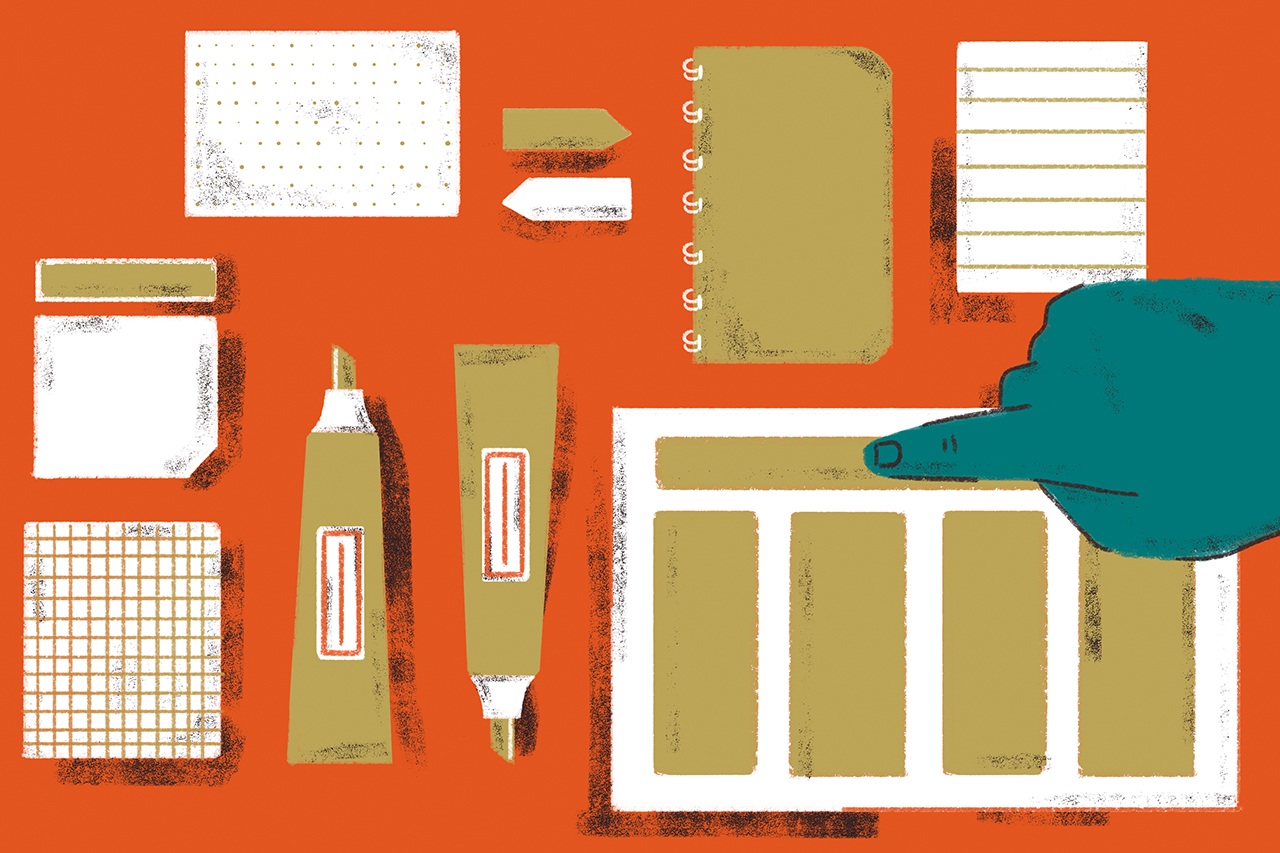 Ilustra&ccedil;&atilde;o de calend&aacute;rio e materiais de estudo sobre mesa.