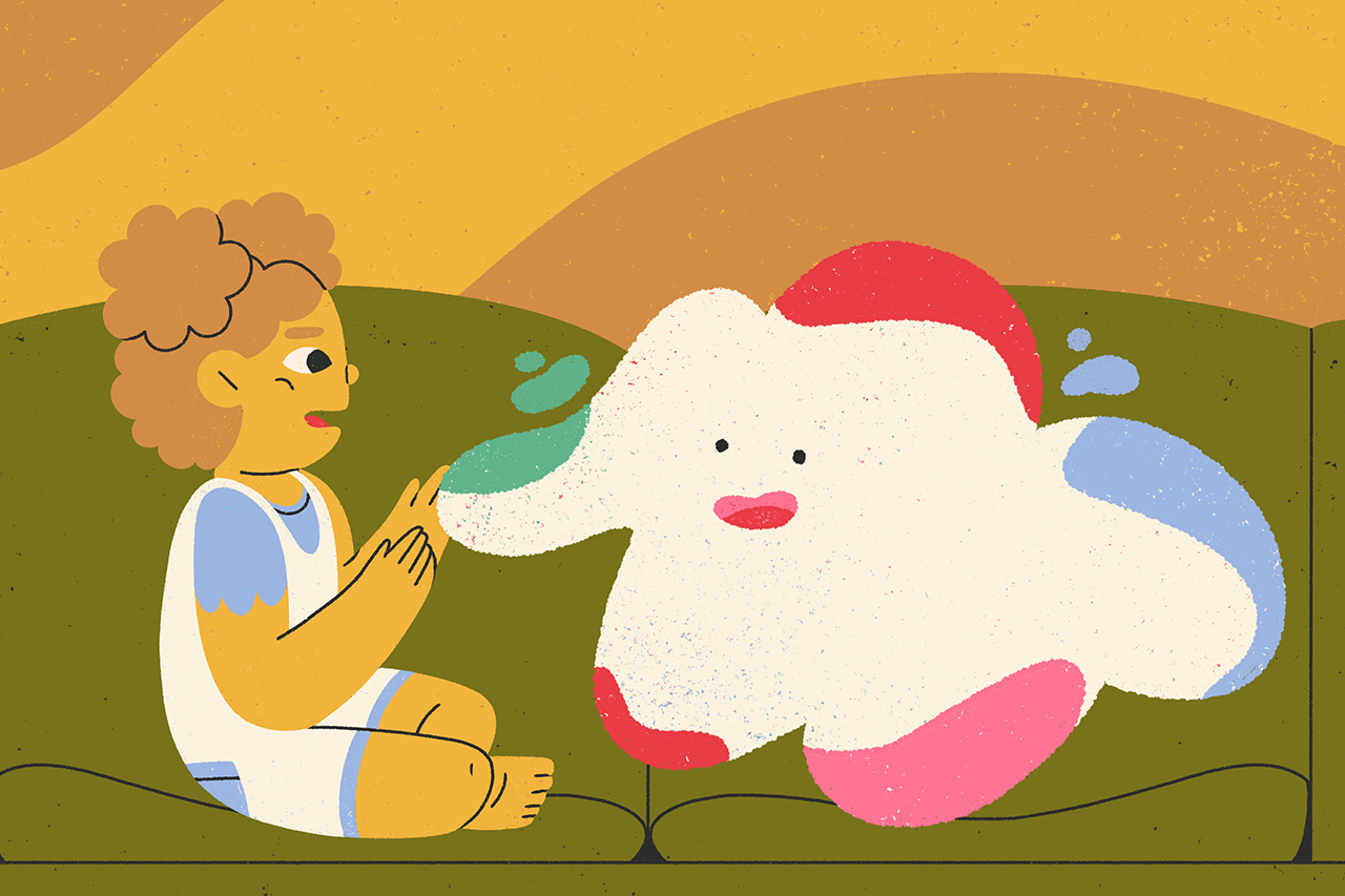 Ilustra&ccedil;&atilde;o de crian&ccedil;a sentada em seu sof&aacute; interagindo com seus pr&oacute;prios sentimentos.