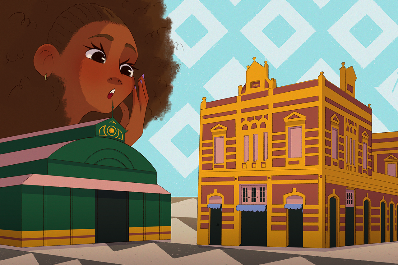 Ilustra&ccedil;&atilde;o de aluno olhando para os pontos tur&iacute;sticos da regi&atilde;o norte.