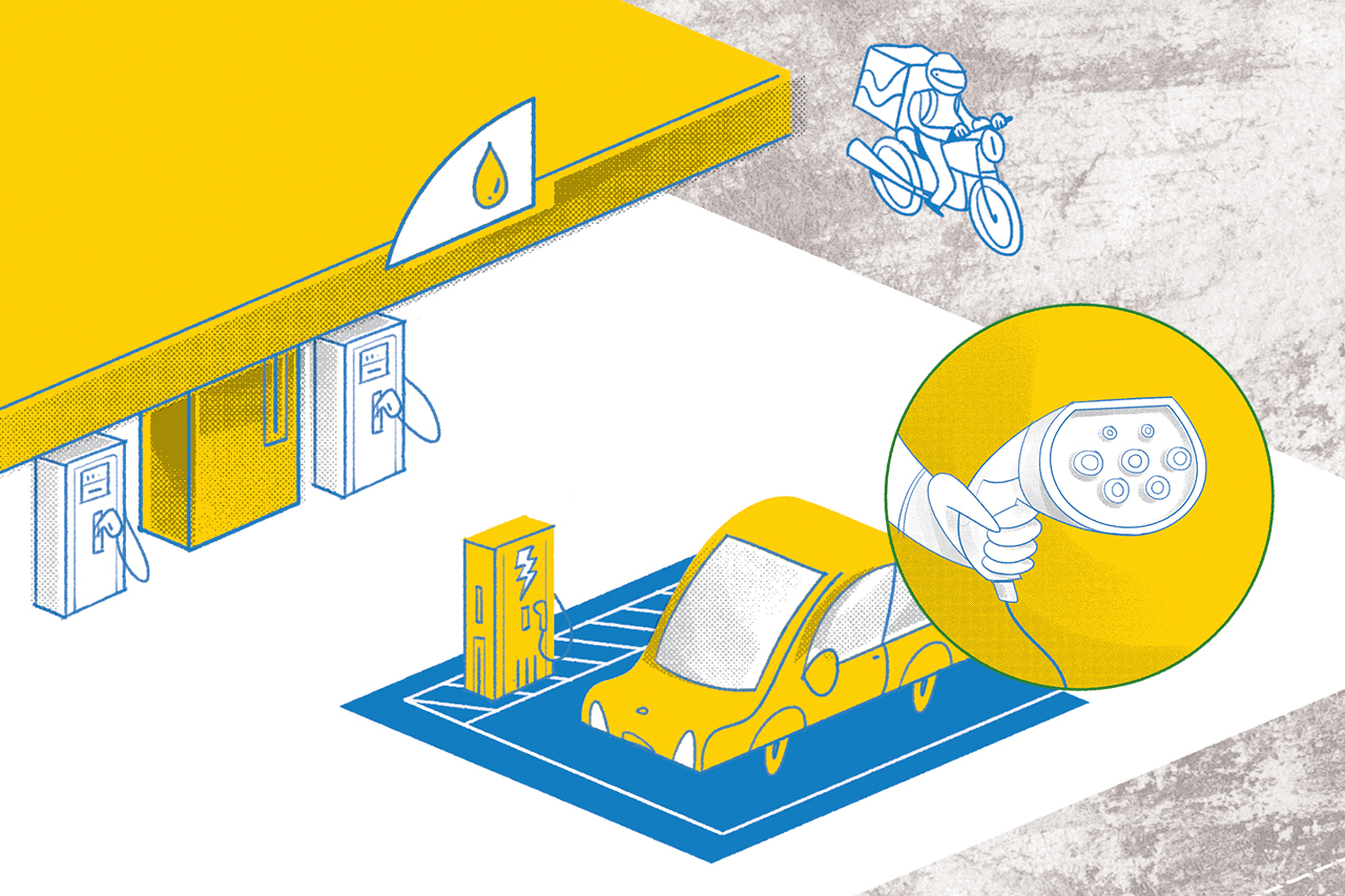 Ilustra&ccedil;&atilde;o de carro el&eacute;trico estacionado em posto de gasolina utilizando o ponto de recarga el&eacute;trico. Pop-up mostra detalhe do plug de carga.