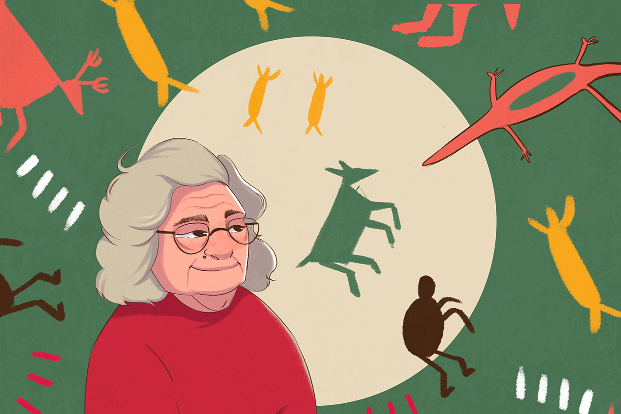 Retrato ilustrado de Ni&egrave;de Guidon sobre fundo com pinturas rupestres nas paredes.