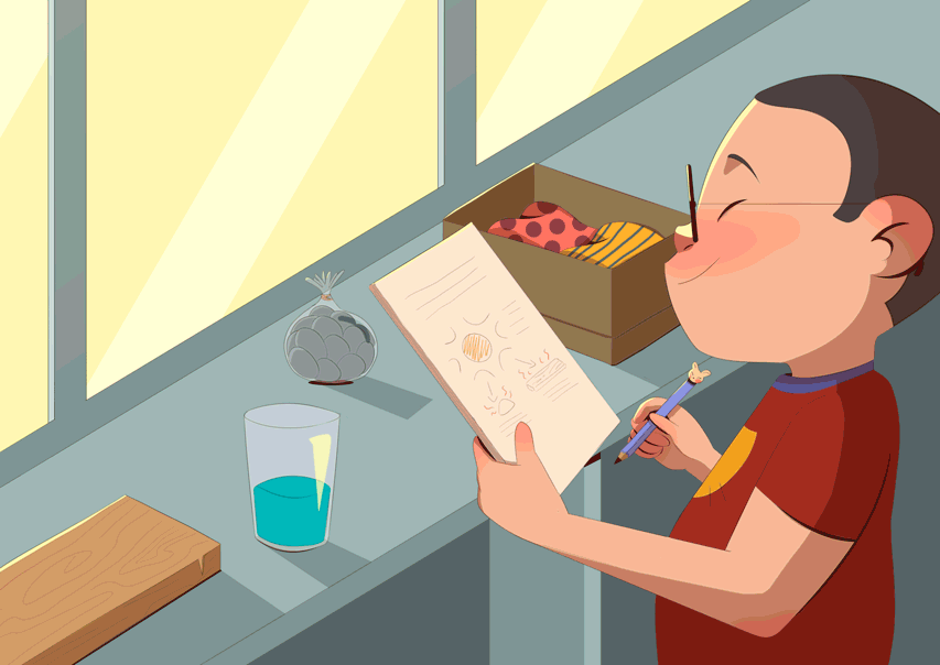 Anima&ccedil;&atilde;o de aluno registrando os resultados de um experimento com objetos comuns e a luz solar.