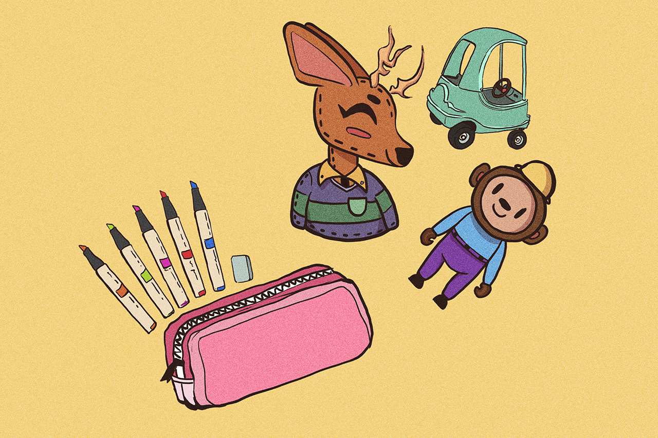Ilustra&ccedil;&atilde;o de brinquedos e objetos de sala de aula.