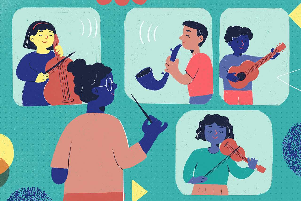 Ilustra&ccedil;&atilde;o de professora estimulando alunos a tocarem instrumentos musicais.
