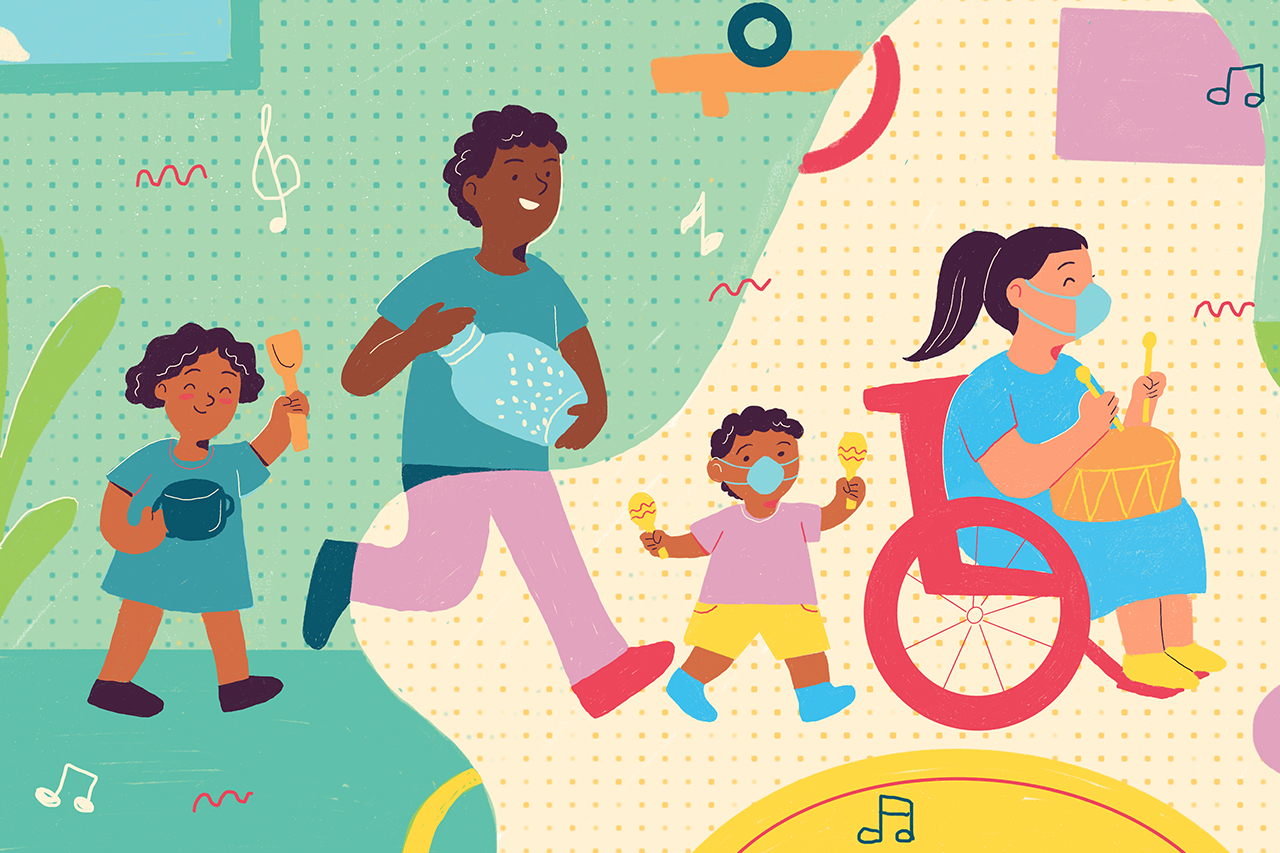 Ilustra&ccedil;&atilde;o abstrata que mostra passagem entre atividades musicais acontecendo em casa e na escola entre professores, crian&ccedil;as e pais.