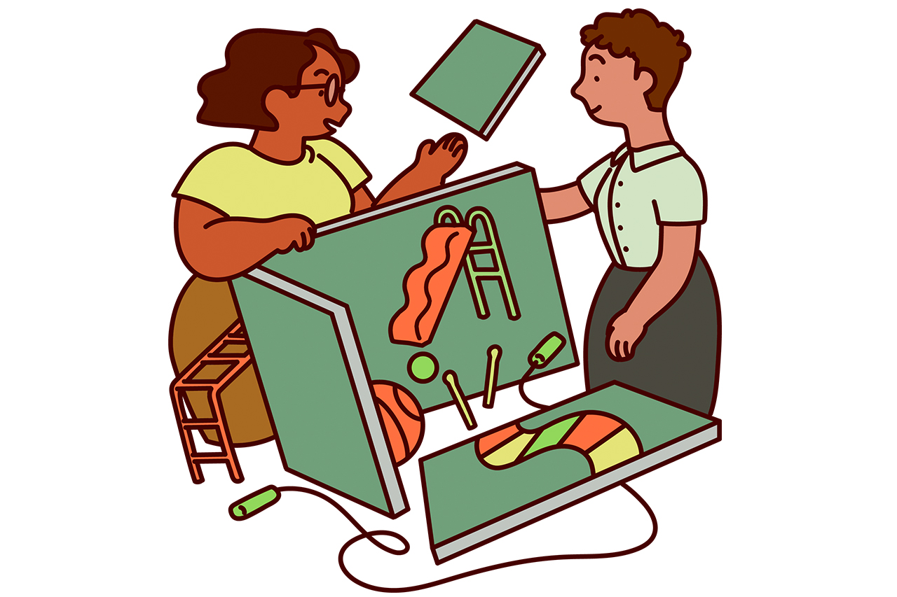 Ilustra&ccedil;&atilde;o abstrata de professores conversando com portf&oacute;lios, brinquedos e aparelhos esportivos ao redor.