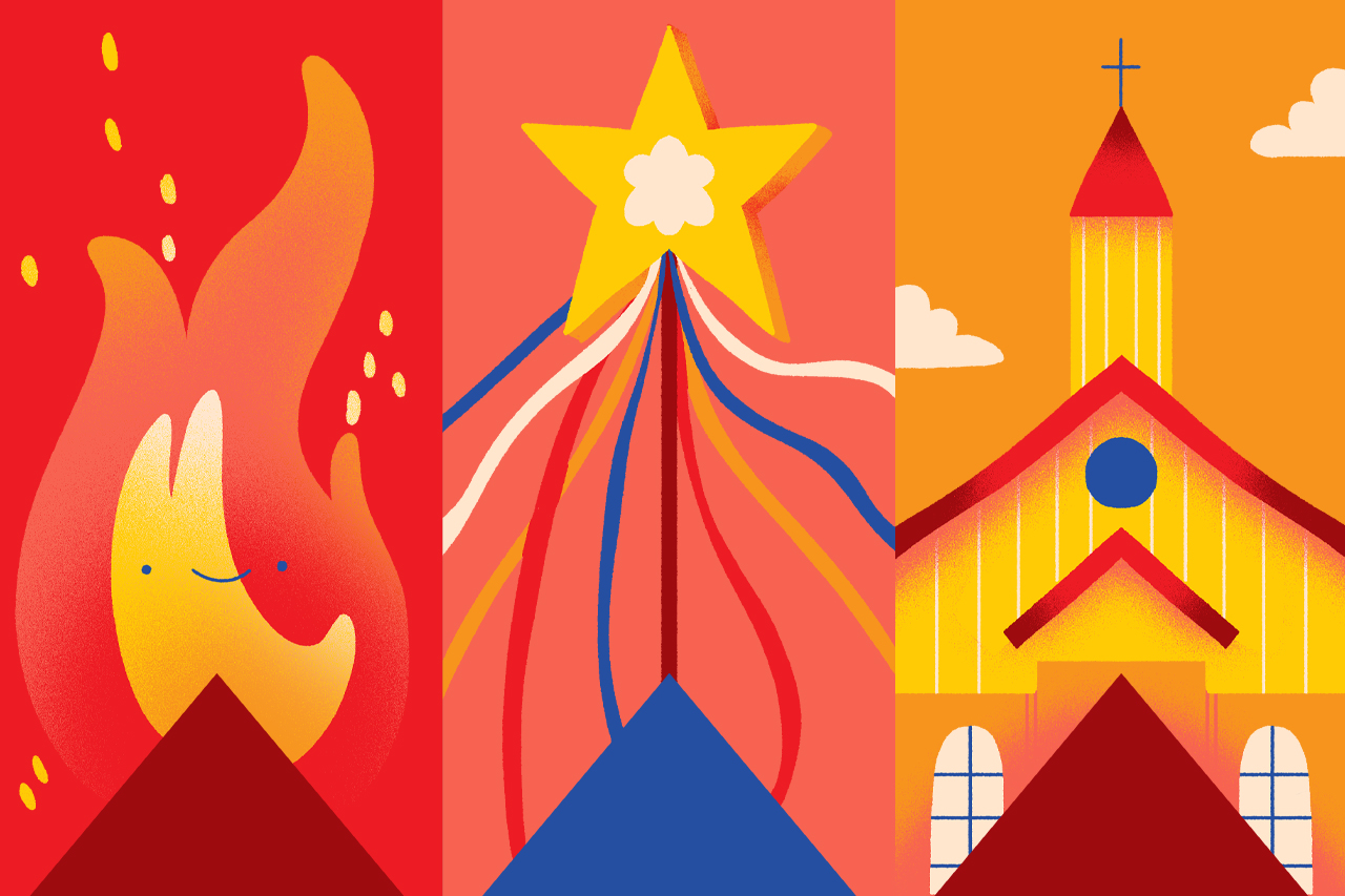 Ilustra&ccedil;&otilde;es de fogueira, igreja e estrelas. Elementos t&iacute;picos da cultura caipira.