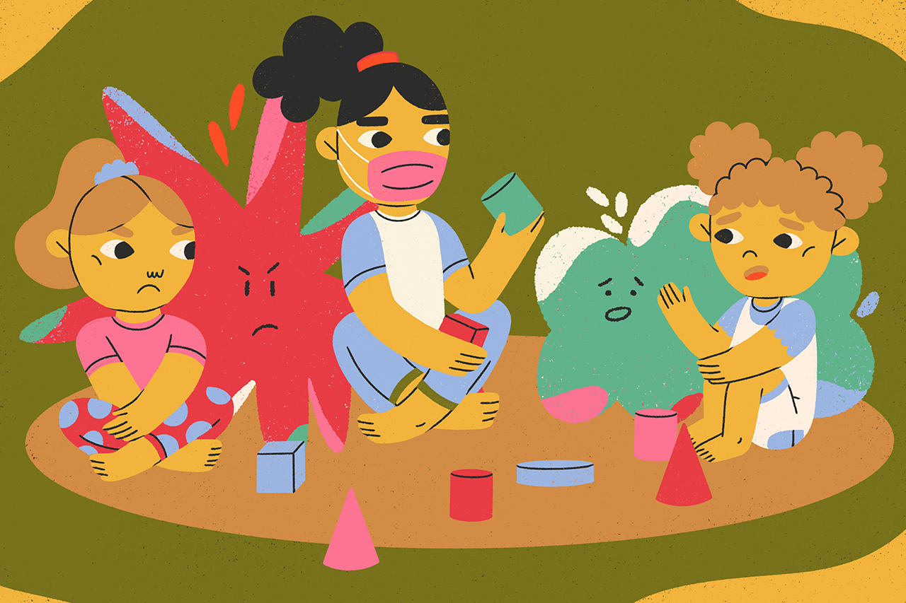 Ilustra&ccedil;&atilde;o de professora mediando conversa entre crian&ccedil;as que est&atilde;o em um momento de conflito.