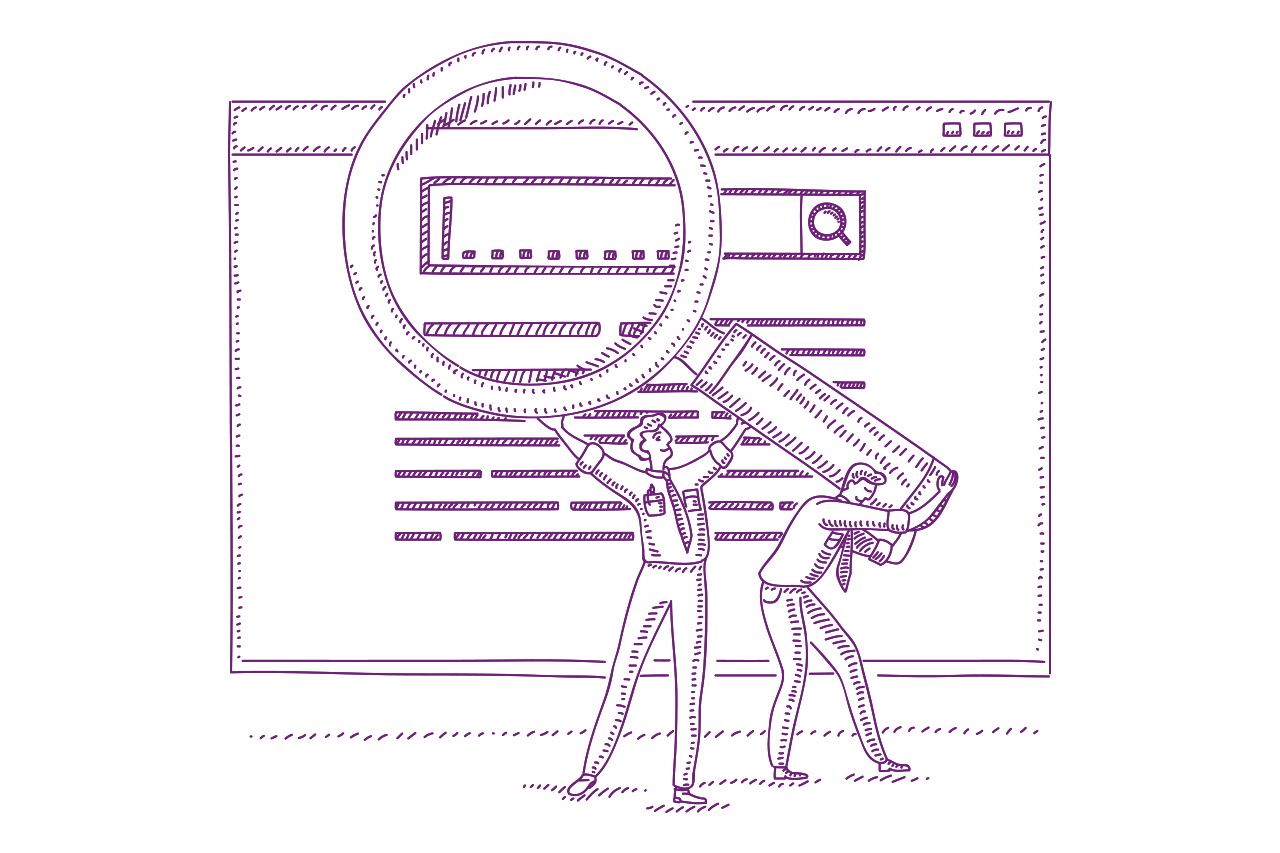 Ilustra&ccedil;&atilde;o em linha abstrata de dois homens segurando uma grande lupa para ampliar imagem de uma tela de site. Referencia iconogr&aacute;fica a pesquisa.