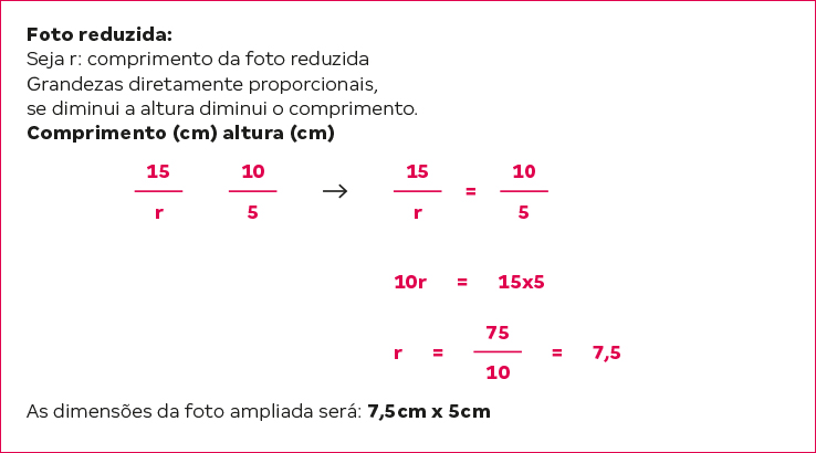 Slide mostrando a resolu&ccedil;&atilde;o da atividade proposta, resultado apresenta que as dimens&otilde;es da foto reduzida &eacute; de 7,5 cent&iacute;metros por 5 cent&iacute;metros.