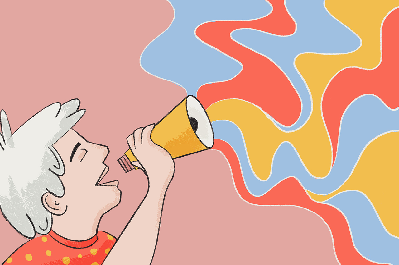 Ilustra&ccedil;&atilde;o de menino com megafone. De forma abstrata, ondas de som podem ser vistas saindo do aparelho.