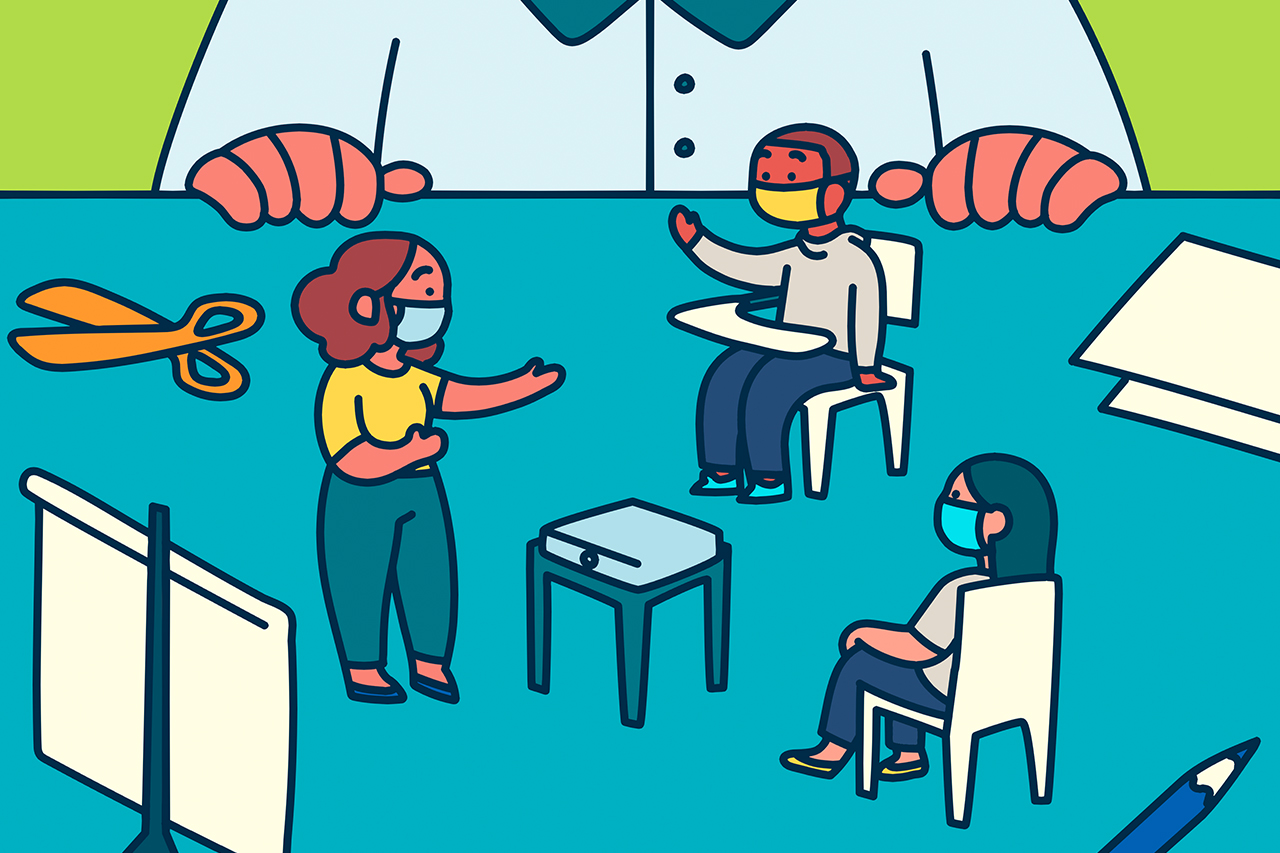 Ilustra&ccedil;&atilde;o abstrata de reuni&atilde;o entre docentes e familiares de alunos em sala de aula.