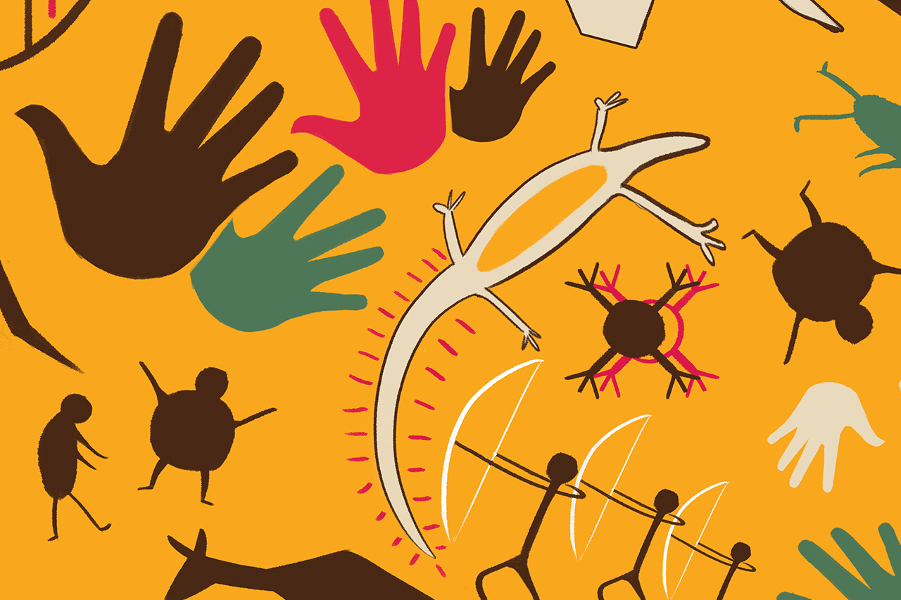 Ilustra&ccedil;&atilde;o de pinturas rupestres em parede amarela.