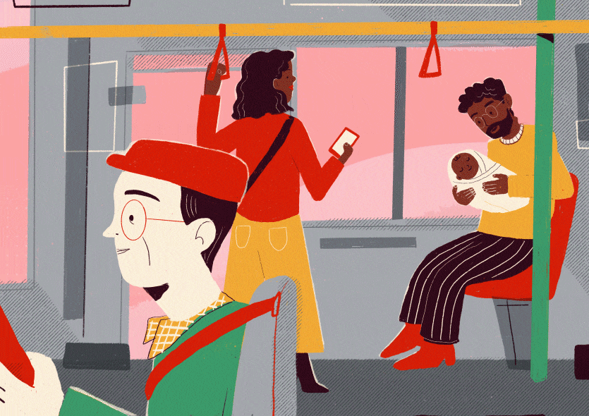 Ilustra&ccedil;&atilde;o animada de situa&ccedil;&atilde;o cotidiana em &ocirc;nibus. Nesta cena &eacute; poss&iacute;vel de ver os seguintes personagens: motorista, passageira e passageiro com beb&ecirc; de colo.