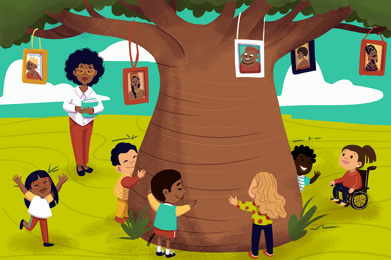 Ilustra&ccedil;&atilde;o de crian&ccedil;as participando de uma atividade em &aacute;rea externa da escola. Fotografias de personagens importantes da hist&oacute;ria africana est&atilde;o penduradas nos galhos das &aacute;rvores, enquanto algumas crian&ccedil;as interagem com o tronco da &aacute;rvore.