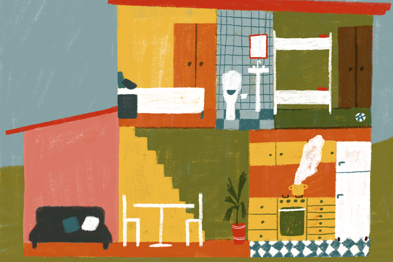 Ilustra&ccedil;&atilde;o de casa em corte diagram&aacute;tico para visualizar os c&ocirc;modos dentro.