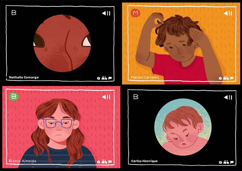 Anima&ccedil;&atilde;o de alunos em v&iacute;deo chamada ligando e desligando suas c&acirc;meras.