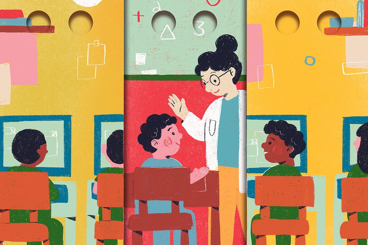 Ilustra&ccedil;&atilde;o abstrata de alunos e professores em atividade de matem&aacute;tica utilizando computadores.