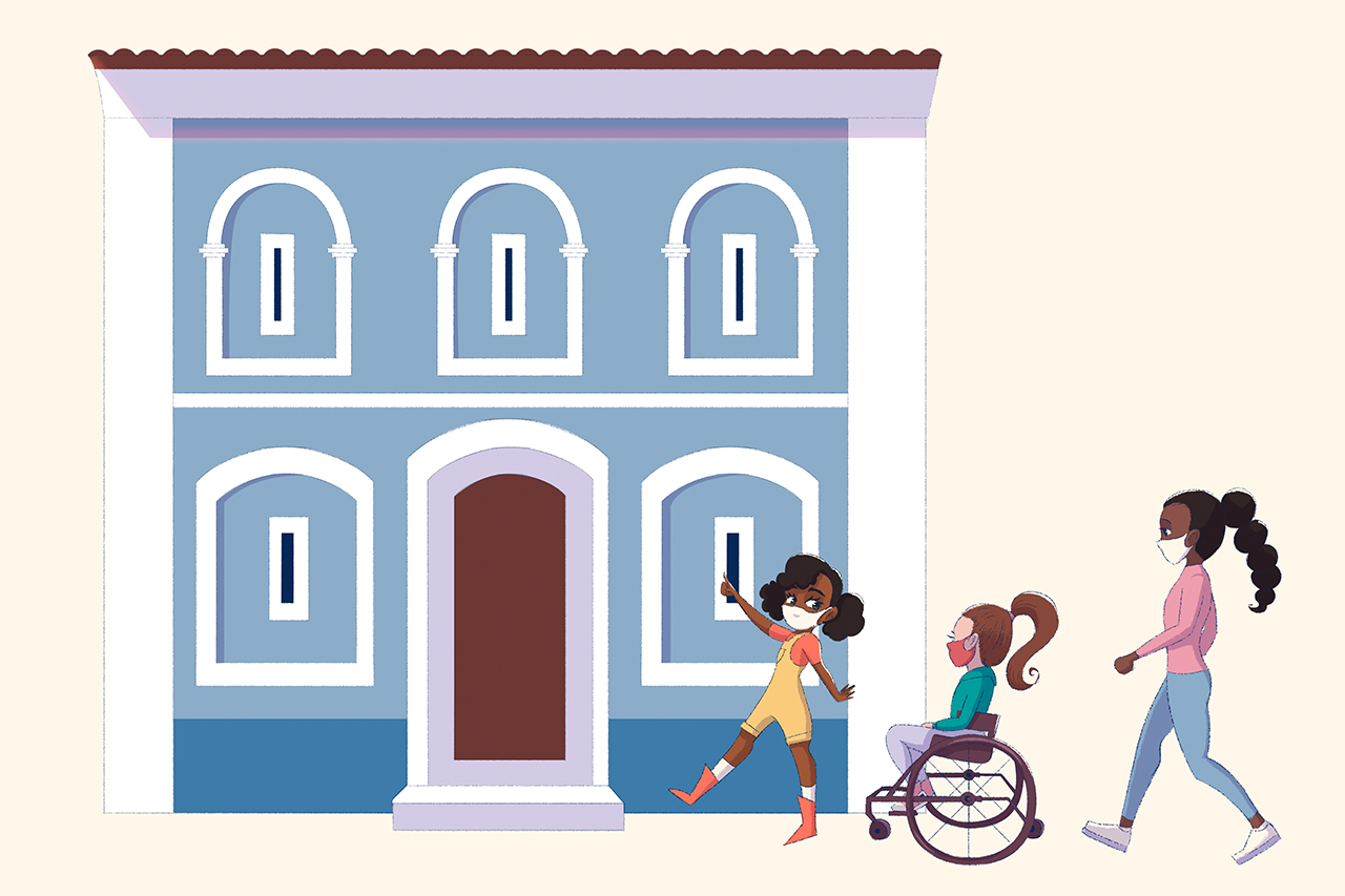 Ilustra&ccedil;&atilde;o de alunas e professora visitando um pr&eacute;dio hist&oacute;rico.