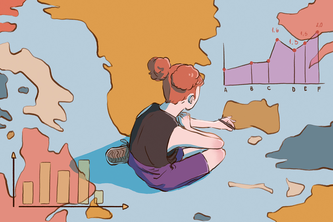 Ilustra&ccedil;&atilde;o abstrata de crian&ccedil;a anotando sobre mapa mundi gigante.