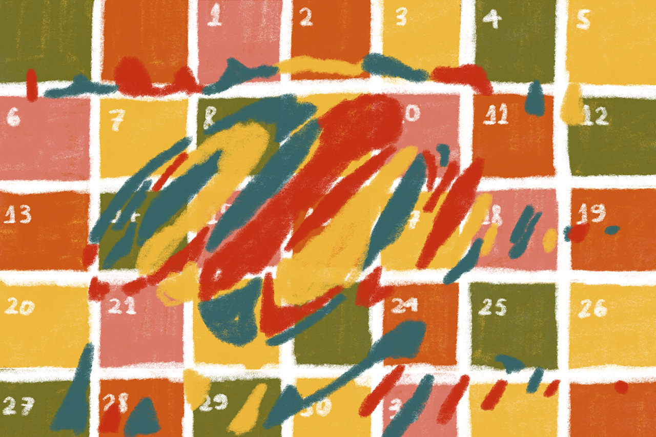 Ilustra&ccedil;&atilde;o de calend&aacute;rio com interfer&ecirc;ncias e garatujas feitas sobre ele.