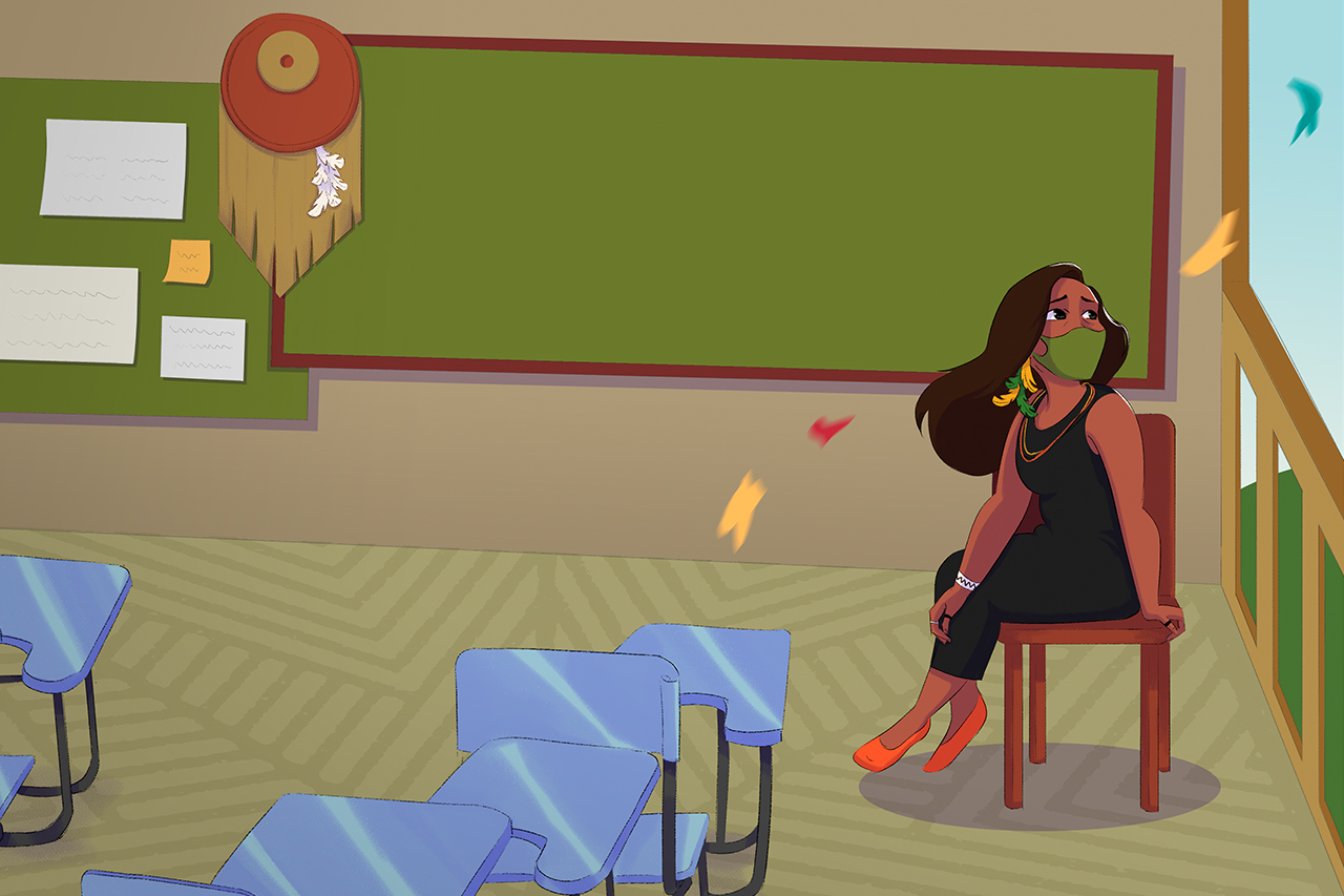 Ilustra&ccedil;&atilde;o de professora ind&iacute;gena sentada em sala de aula.
