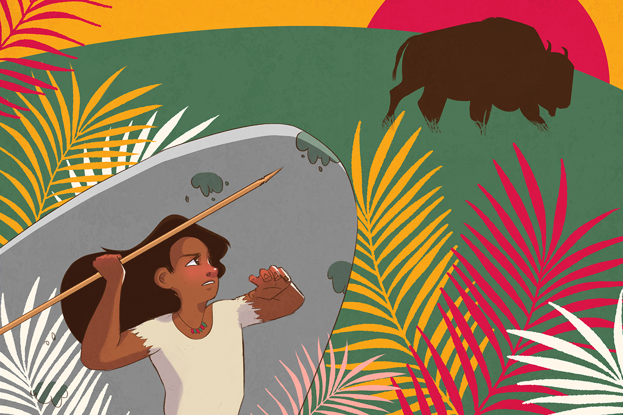 Ilustra&ccedil;&atilde;o de ca&ccedil;adora n&ocirc;made com uma lan&ccedil;a na m&atilde;o atr&aacute;s de um bis&atilde;o.