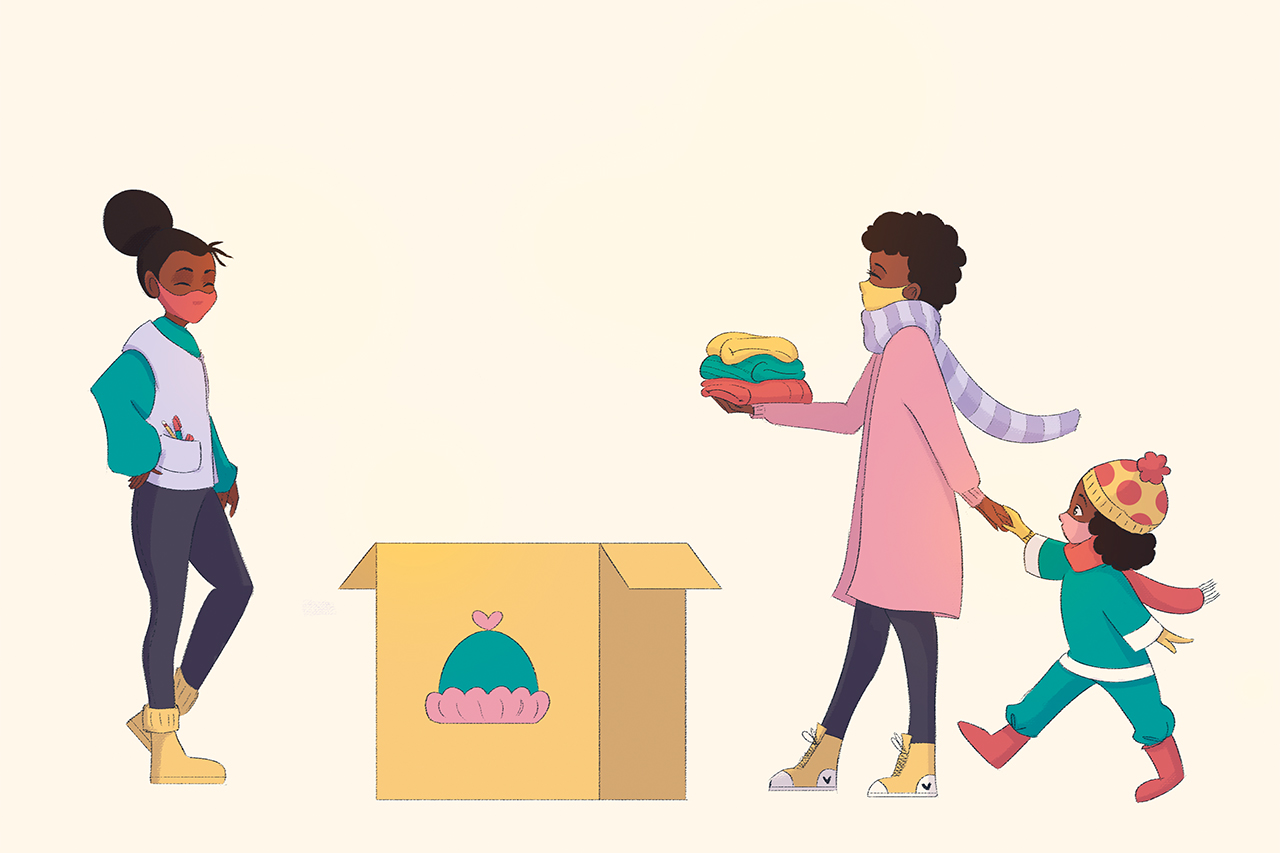 Ilustra&ccedil;&atilde;o de m&atilde;e e crian&ccedil;a, levando roupas para doa&ccedil;&atilde;o.