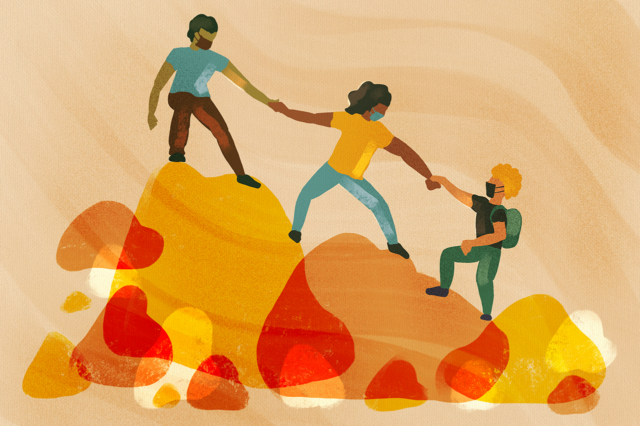 Ilustra&ccedil;&atilde;o digital simulando pintura manual de pessoas se ajudando a subir sobre formas geom&eacute;tricas abstratas.