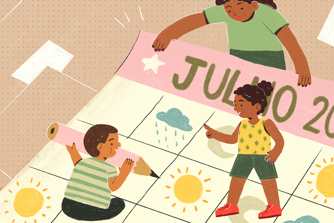 Ilustra&ccedil;&atilde;o de de crian&ccedil;as desenhando sobre calend&aacute;rio gigante posicionado no ch&atilde;o.