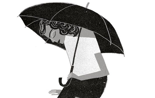 Ilustração em branco e preto, uma menina cabisbaixa, sentada no chão segurando um guarda-chuva,