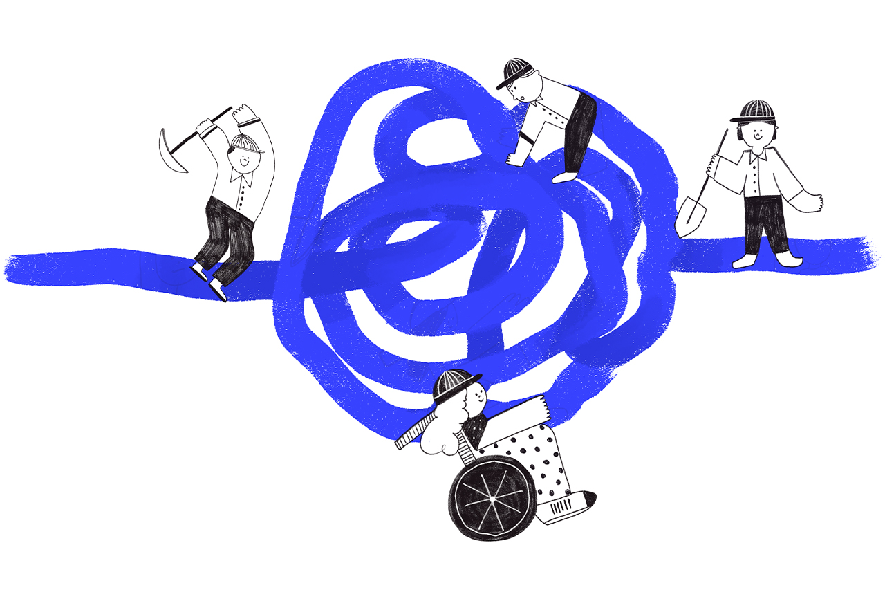 Ilustra&ccedil;&atilde;o abstrata de crian&ccedil;as desenrolando n&oacute;s com ferramentas de constru&ccedil;&atilde;o.