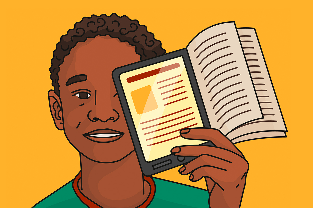 Ilustra&ccedil;&atilde;o de aluno com livros e leitores digitais em m&atilde;os.