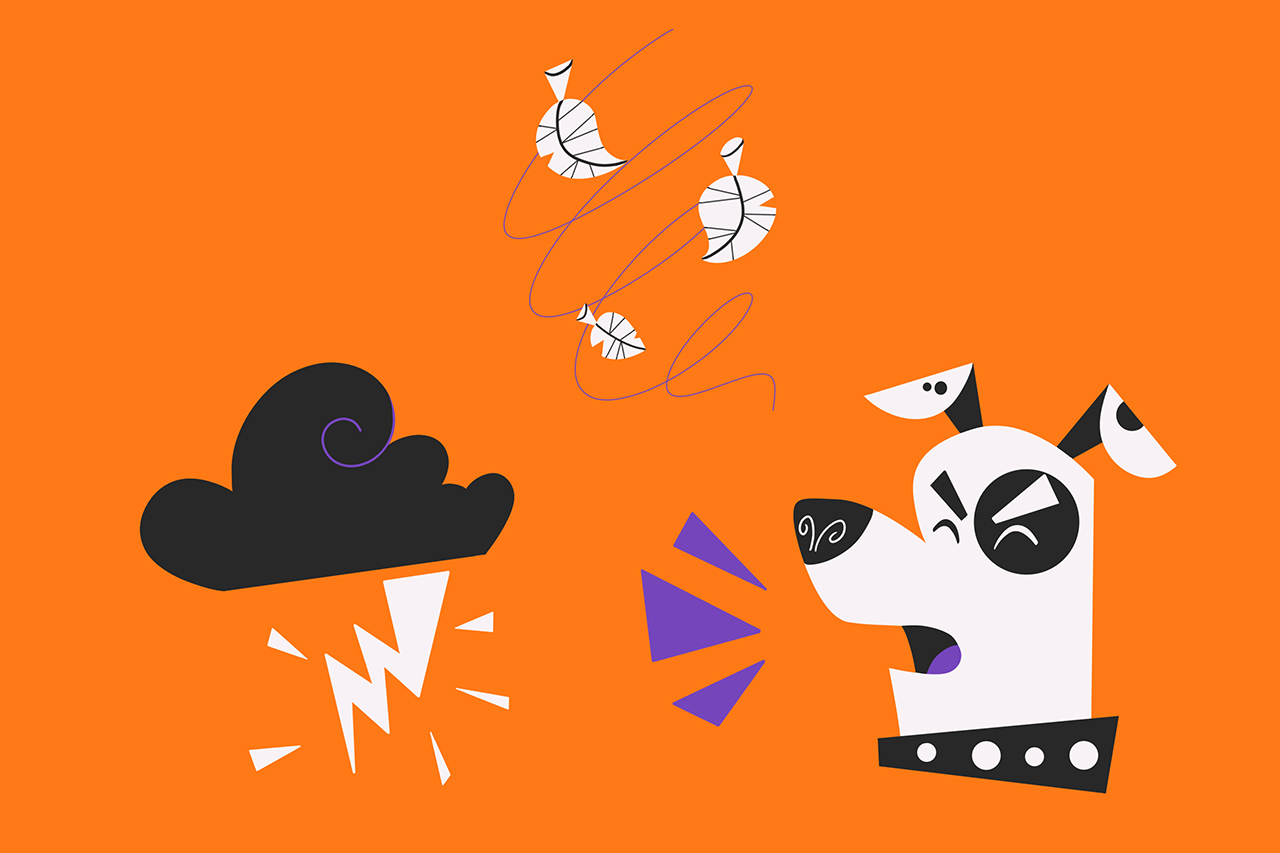 Ilustra&ccedil;&atilde;o ic&ocirc;nica com s&iacute;mbolos que apresentam sons ambientes como latidos de cachorro, vento e trov&otilde;es.