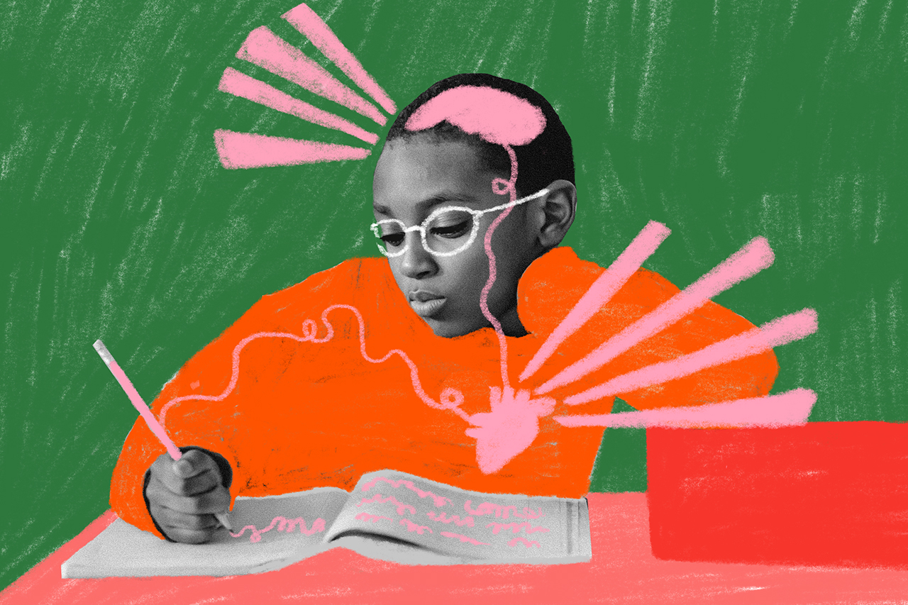 Ilustra&ccedil;&atilde;o a partir de colagens de aluna escrevendo um di&aacute;rio.