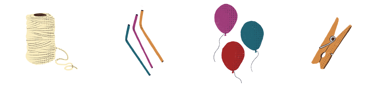 Ilustra&ccedil;&atilde;o de objetos usados na atividade 2: barbante, canudos, bexigas e pregadores