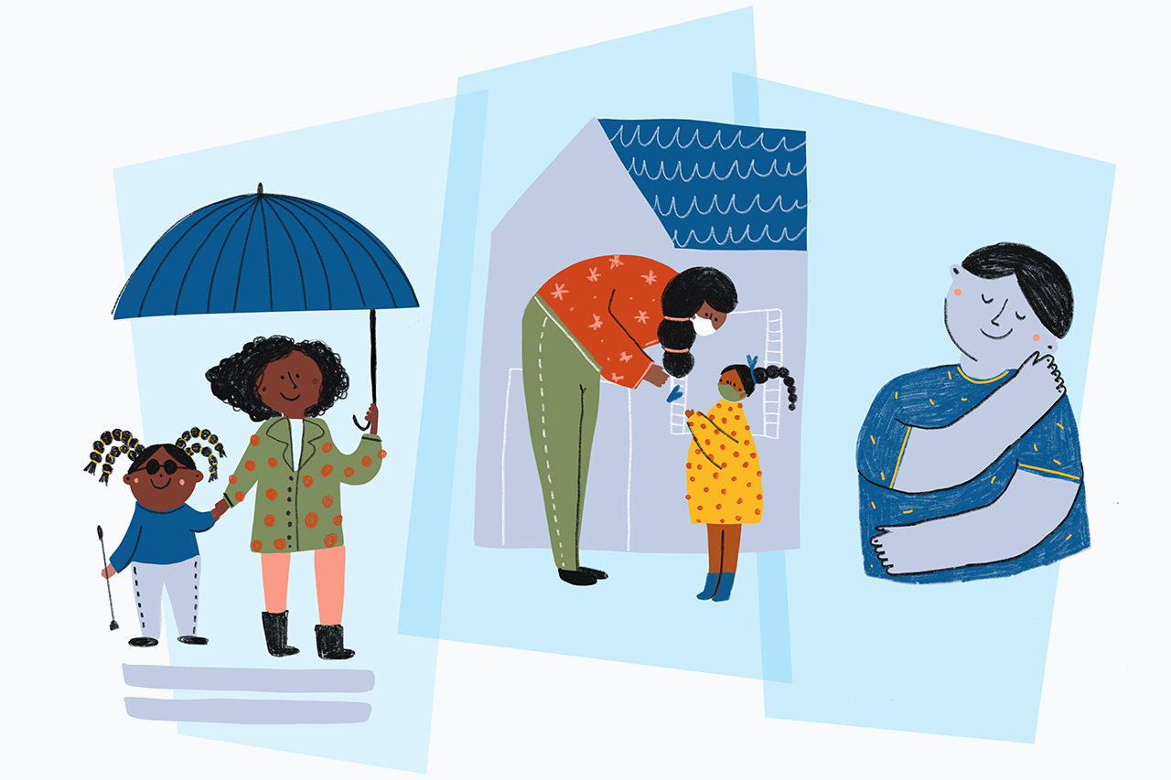 Ilustra&ccedil;&atilde;o sobre fundo azul, mostrando momentos de afeto e carinho entre adultos e crian&ccedil;as. Representando a escuta ativa na educa&ccedil;&atilde;o.